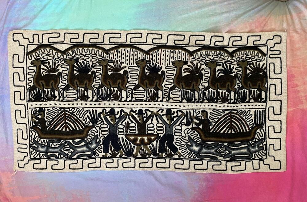 Vintage Peruvian Folk Art Embroidery 42” X 21.5” Wall Hanging Tapestry Peru Rug